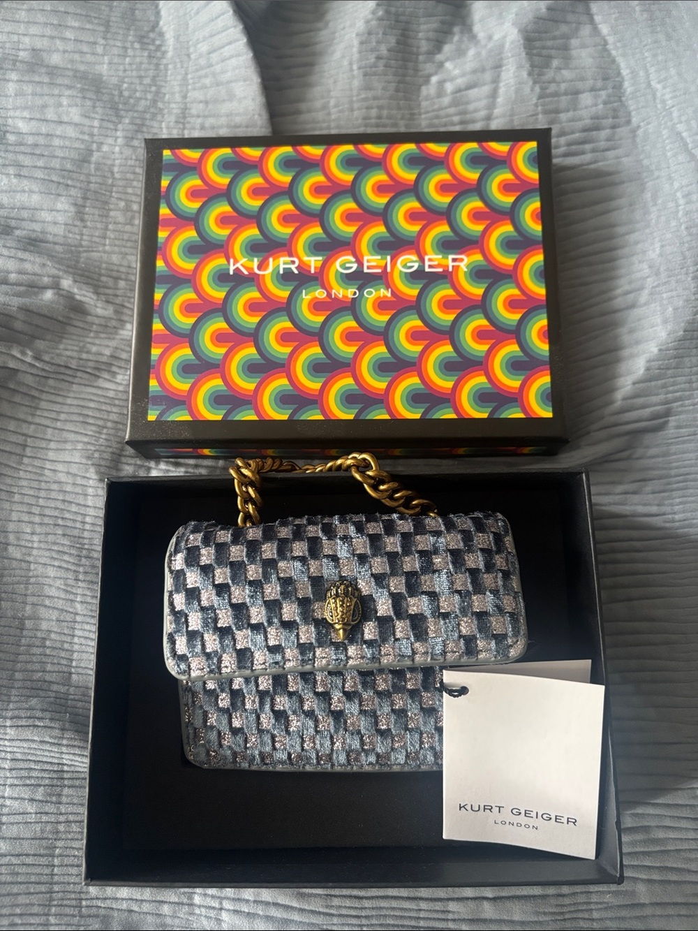Kurt Geiger Silver Metallic Check Mini Shoulder Bag with Gold Chain